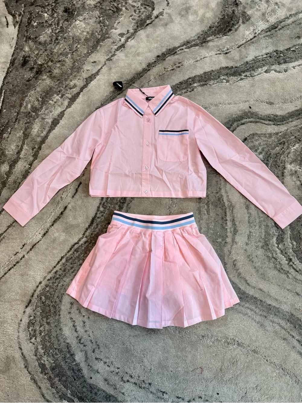 Fashion Nova Pink Pleated Skirt Set with Striped Trim